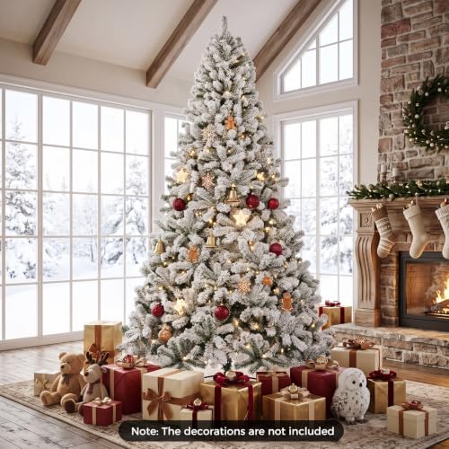 HAPPYGRILL 9 FT Flocked Christmas Tree Artificial Xmas Tree with 1498 PVC Branch Tips, Hinged Xmas Tree Life-Like Seasonal Holiday Tree for Home Office
