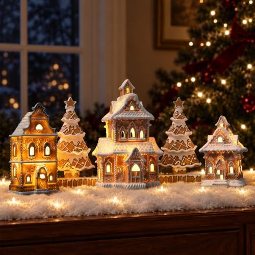 Gingerbread House Christmas Decorations - 5PCS Village Set with Trees