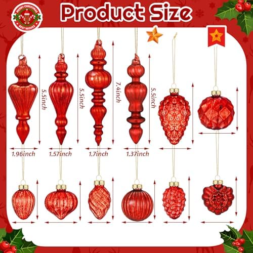 Vercraft 20 Pcs Vintage Mercury Glass Finial Christmas Ornament, Red