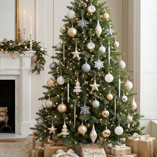 Valery Madelyn Christmas Ball Ornaments, 100ct White and Gold Shatterproof Christmas Tree Decorations Set, Elegant Hanging Ornaments for Xmas Trees Bulk Holiday Wedding Party Decor