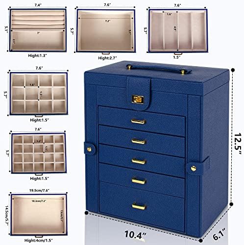 AKOZLIN 6-Tier Jewelry Box Organizer 5 Drawers Storage Blue Large