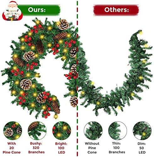 Christmas Garland, 12FT Prelit Christmas Garland with 100 LED Lights, Greenery Xmas Garland with 20 Pine Cones 90 Red Berry Christmas Decoration for Indoor Outdoor Home Mantel Fireplace