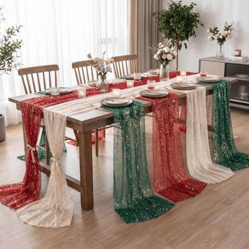 Artoid Mode 3PC Beige Red Green Gauze Table Runner 120 Inch 10FT, Glitter Metallic Foil Sheer for Wedding Anniversary Holiday Birthday Home Party Decor