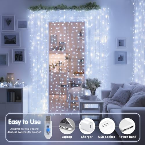 JMEXSUSS 200 LED White Curtain Lights, USB Powered, 6.5ft x 6.5ft