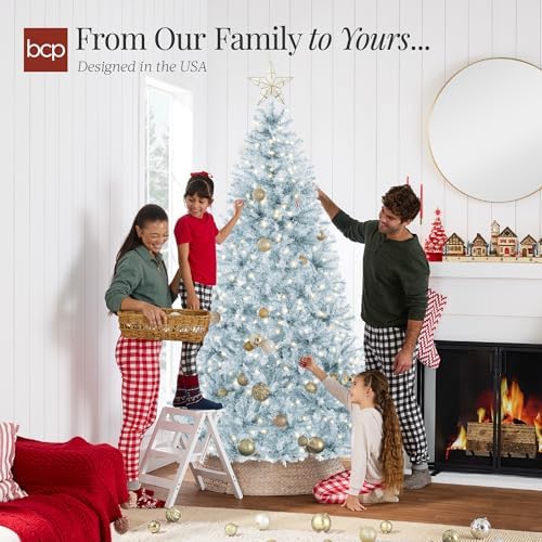 Best Choice Products 6ft Pre-Lit Ice Blue Christmas Tree, Full Artificial Holiday Decoration w/ 947 Branch Tips, 250 Lights, Foldable Base