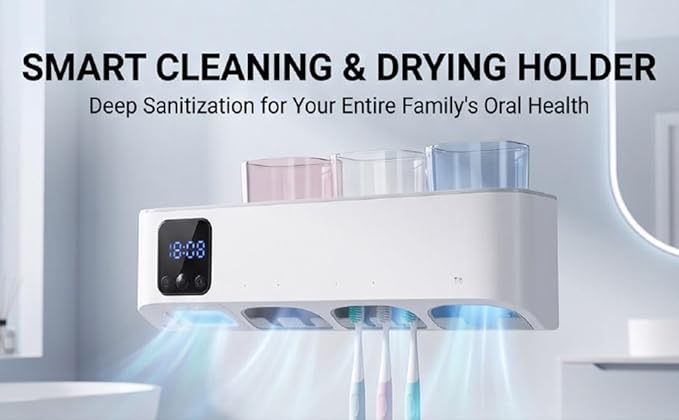 LICAEVEY Electric Toothbrush Clean Holder Wall Mounted, UVC Sanitizer with LED Display and Auto Drying, 3 Modes and Night Light, for 5 Toothbrushes in Bathroom