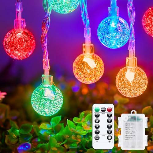 Minetom Crystal Globe String Lights Battery Operated - 33 ft 60 LED Globe Fairy Lights with Remote and 8 Modes, Waterproof for Bedroom Tent Loft Camping Porch Patio Party Wedding Decor, Multicolor