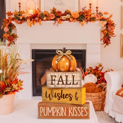 Moucuny 4 Pcs Fall Pumpkin Decor Fall Decorations for Home Wooden Pumpkin Decor Thanksgiving Table Centerpiece Rustic Autumn Stacked Block Signs Farmhouse for Harvest Party Home Kitchen