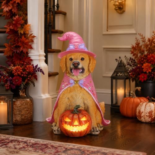 Halloween Large Golden Retriever Statue with Glowing Pumpkin,Porch Decor