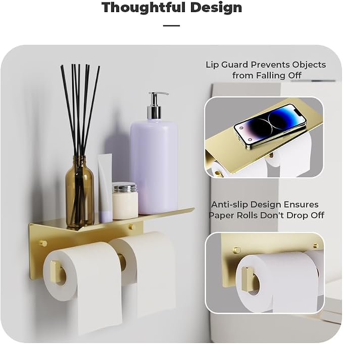 Double Toilet Paper Holder with Shelf, FreshGlow Tissue Holder Brushed Gold, Wall Mount Commercial Toilet Paper Dispenser Phone Shelf Stainless Steel, Tissue Roll for Bathroom