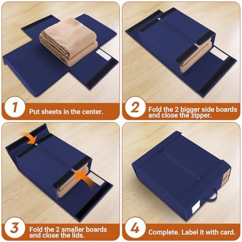 StorageTastic 4 Pack Bed Sheet Closet Organizers and Storage,Sturdy Foldable Storage Containers with Window and Label,Storage and Organization for Bedding Sheets,Duvet Covers,Blankets (Blue)
