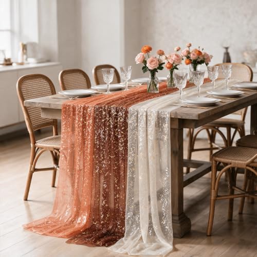 Artoid Mode 6PC Beige Caramel Orange Gauze Table Runner 120 Inch 10FT, Glitter Metallic Foil Sheer for Wedding Anniversary Holiday Birthday Home Party Decor