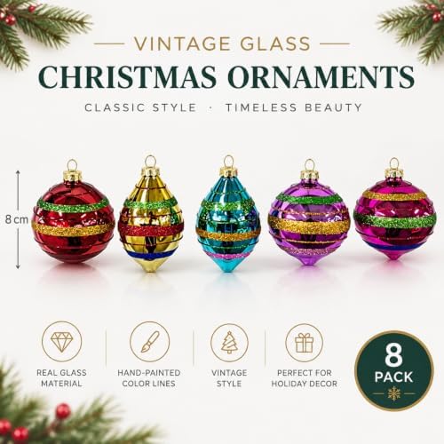 Soulchen 8 Pcs Vintage Glass Christmas Ornaments with Reflector for Tree