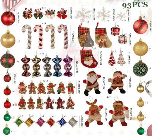 93 Pack Christmas Tree Ornaments Set, Shatterproof Baubles, Gingerbread Men, Santa Claus Reindeer, Stockings, Snowflakes Bells Decor for Xmas Holiday Home Party