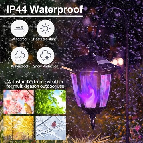 Dynaming 2 Pack Solar Halloween Flame Hanging Lights Outdoor, Flickering Flame LED Garden Lanterns with 2x38 Inch Shepherd Hooks, Landscape Lighting Waterproof for Lawn Yard Pathway Driveway, Purple