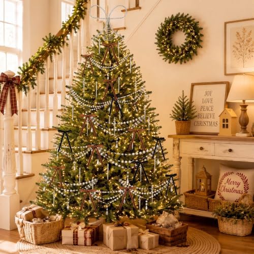 46 Pcs Christmas Tree Decorations Bow Topper Ornaments Transparent Beaded Necklace Acrylic Thread Icicle Christmas Tree Hanging Ornaments for Xmas Home Office Decorations