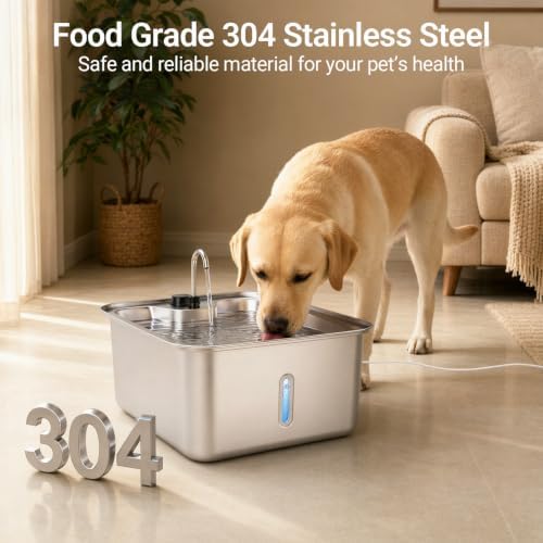 Cat/Large Dog Water Fountain, 4.5Gal/17L Quiet LED Blue Light Stainless Steel Pet Water Fountain for Large Dogs Indoor with 3 Replacement Filters, Multi-Filtration & Deeper Drinking Surface