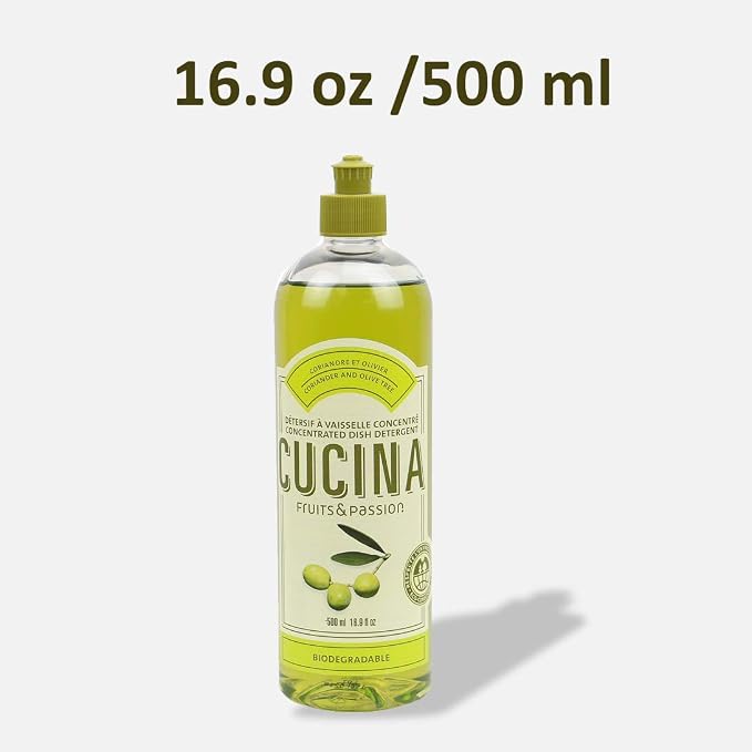 Cucina Fruits & Passion Coriander and Olive Tree Dish Detergent Duo Set, 16.9 fl oz Bottle and 33.8 fl oz Refill, Made in Canada