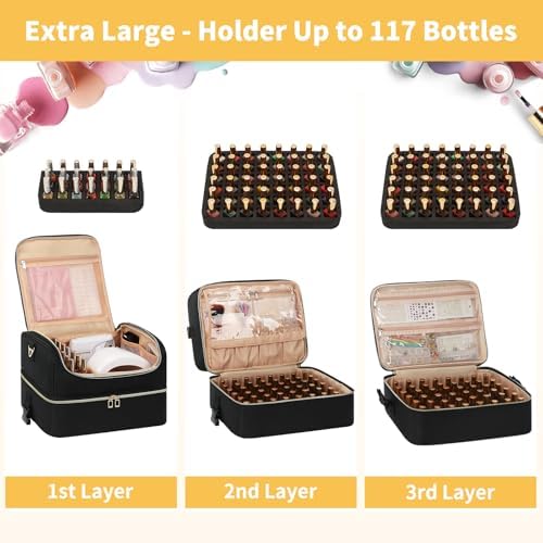 CUBETASTIC Portable Nail Polish Organizer Case Holds 117 Bottles - 3-Layer Nail Tech Kit with Storage Bag & Shoulder Strap, Extra Large Nail Supplies Travel Carrying Box