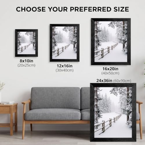 Framed Winter Fence Canvas Wall Art, Winter Scene, Black Frame Inch 24x36