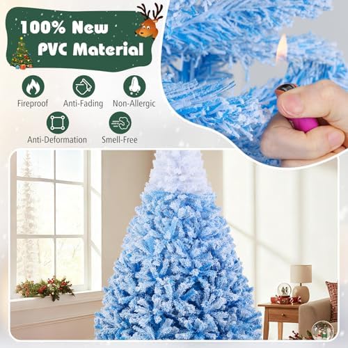 HAPPYGRILL 7 FT Pre-lit Flocked Christmas Tree Blue Hinged Xmas Tree with 1264 Branch Tips, 350 Warm White LED Lights & Folding Metal Stand, for Home Office Carnival