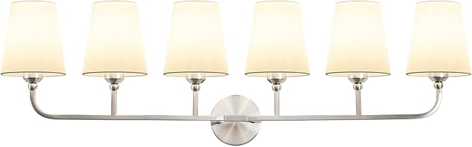 Bathroom Vanity Light, Brushed Nickel Bathroom Light Fixtures, 6-Light Lighting Fixtures Over Mirror, Modern Wall Sconce with Flared White Fabric Shade, E26 Socket(ETL Listed)