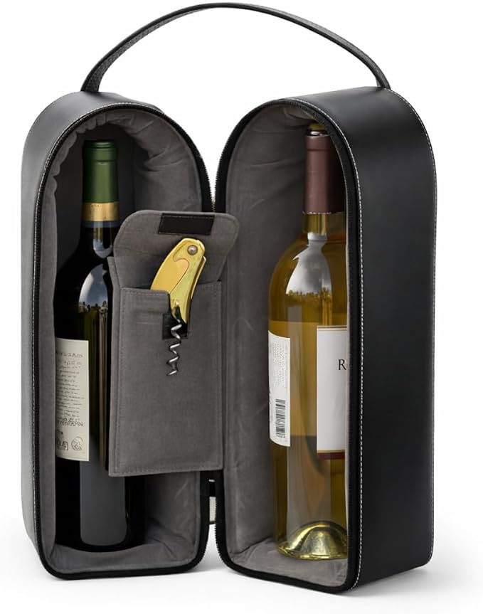 Bey-Berk Genuine Leather Two-Bottle Wine Caddy with Bar Tool (Black), Zippered Travel Case with Strap Handle for Wine Transport and Gifting