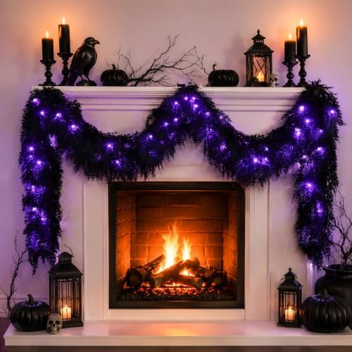9FT Black Halloween Garland with Lights Realistic Prelit Christmas Garland