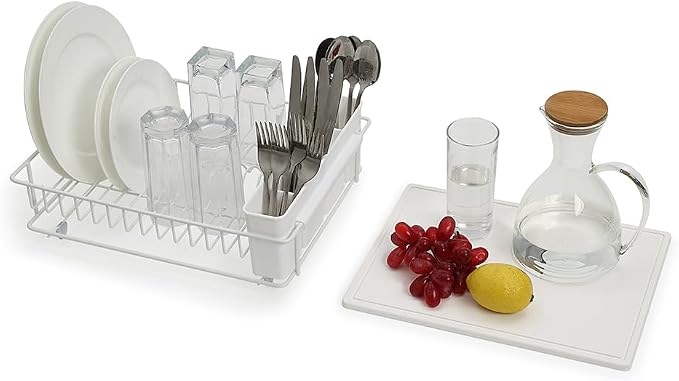 SunnyPoint 304 Stainless Steel Compact Dish Drying Rack, 15.3"x11.6", Diatomaceous Earth Drainboard, Removable Utensil Caddy, Space-Saving Countertop Design (White)