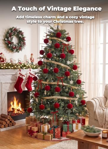 51 Pcs Christmas Velvet Ornament Set – 15 Velvet Tree Balls (3.14") & 36 Vintage Ribbon Bows (6×8") – Xmas Tree Hanging Decorations for Indoor Home Decor Burgundy