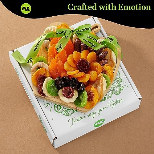 NUT CRAVINGS - Dried Fruit Flower Bouquet Arrangement in Wooden Apple-Shaped Gift Basket + Tray (9 Assortment) Healthy Snack Care Package