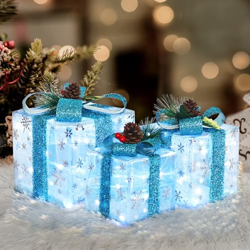 Set of 3 Snowflake Lighted Boxes, Blue Indoor Christmas Decor