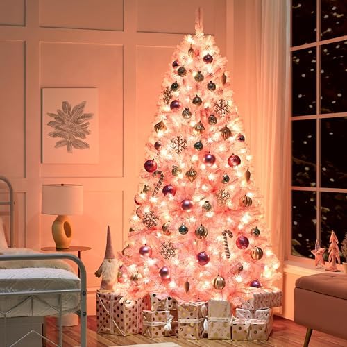 Yaheetech 7.5ft Pre-lit Christmas Tree with 550 Warm White Lights, Pink