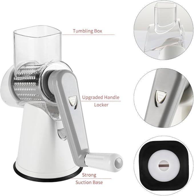 Cambom Rotary Cheese Grater Hand Crank Cheese Shredder for Fresh Cheese, Vegetable, Nuts,Non-slip Suction Base,Three Blades,White