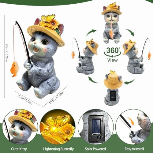 Solar Garden Cat Statues, Outdoor Fishing Cat with Butterfly Solar Lights