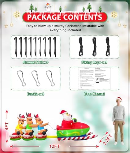 EAONE 12FT Christmas Inflatables Outdoor Decorations, Giant Blow ups Yard Decoration Inflatable Santa Claus Drive Sleight with 3 Reindeers, with Built-in LEDs for Indoor Outdoor Home Holiday Decor