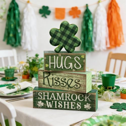 Lineshading 4 Pcs Shamrock Wooden Block Signs for Tiered Tray Home Decor