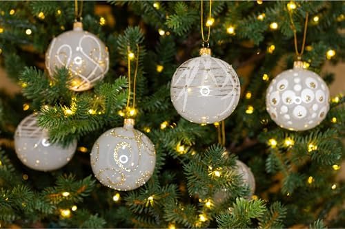 Luxury Handcrafted European Glass Christmas Ball Ornaments - Set of 6 - Gold & White - Regal - 8 cm - Mouth-Blown & Hand-Painted