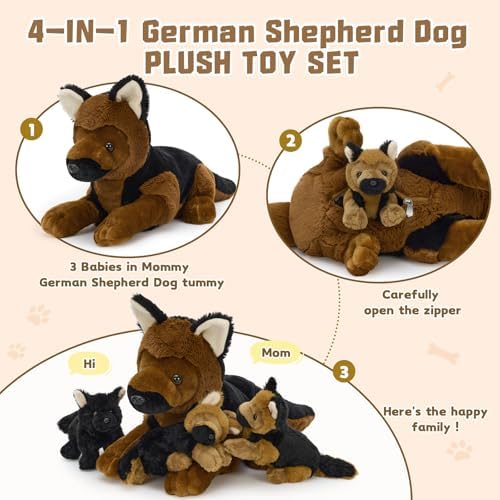 MorisMos German Shepherd Stuffed Animal with 3 Puppies