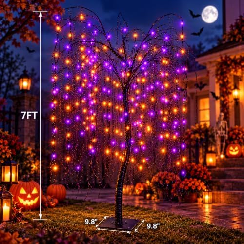 LIGHTSHARE 7 Feet Halloween Willow Tree, 256 LED Lights for Home, Festival, Nativity,Party, and Christmas Decoration,Includes Spiders and White Cobweb,Indoor Outdoor Use,Orange & Purple