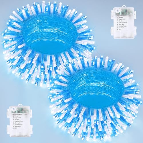 2 Pack 200 LED Battery Operated String Lights, Twinkle Lights Blue & White