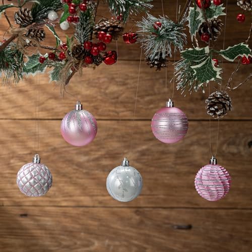 100Pcs Pink Silver Christmas Ball Ornaments Set for Tree, Assorted Shatterproof Christmas Decorations, Hanging Decor for Xmas Tree Holiday/Party/Home (Pink & Silver & White)