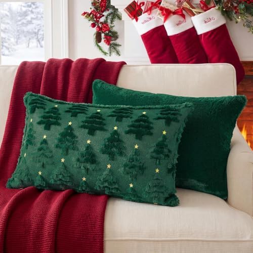 Softalker Christmas Pillow Covers 12x20 Set of 2, Green Lumbar Pillows