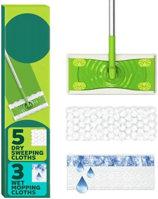 2-in-1 Dry + Wet Floor Mop & Sweep Kit - 1 Device with 5 Heavy Duty Dry Cloths & 3 Wet Cloths - No Dustpan/Bucket Needed, Safe for Tile/Hardwood/Vinyl