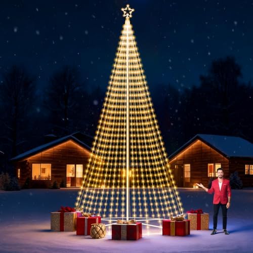 Riakrum 25ft-4072 LEDs Flagpole Christmas Tree Lights Outdoor Decorations with Star Topper, 8 Lighting Modes Pre-lit LED Flag Pole Christmas Tree Lighted Multicolor, Xmas Outside Yard Decoration