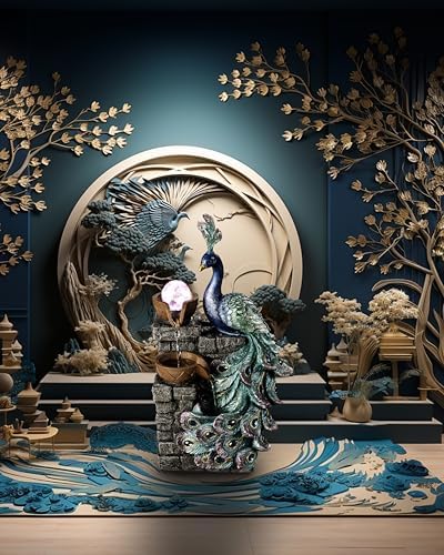MAOCHI Tabletop Water Fountain Decor, Peacock with LED Glass Color Changing Globe,Relaxation Decorative Desktop Water Zen Fountain for Home/Office,Living Room Décor.13.78" Tall