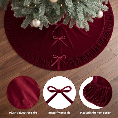 VEILS Large Christmas Tree Skirt, Velvet Burgundy Tree Skirts with Center Pleats and Plush Tie Closures for Christmas Party Favors Decor(72")