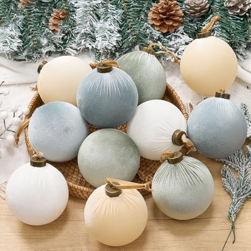 Liliful 12 Pcs Extra Large Velvet Christmas Balls Velvet Ornaments for Christmas Tree Flocked Shatterproof Xmas Tree Balls Bulk for Holiday Party Xmas Trees Hanging Decorations(4 Inch,Morandi)