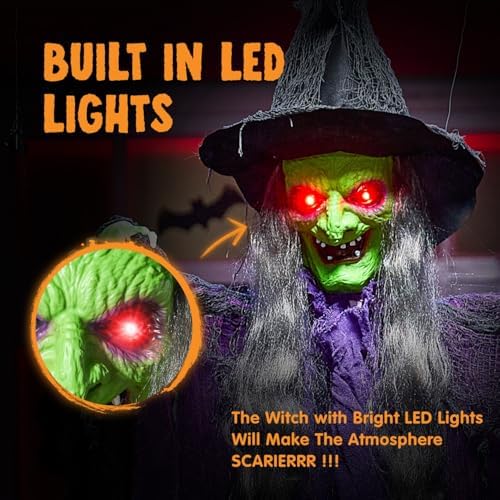 JOYIN 72” Halloween Hanging Witch Decorations Outdoor, Flying Ghost Decor Green Face Life Size Sound Activated Light Up Eyes Party Supplies for Garden Haunted House Front Porch Door Scary Modern