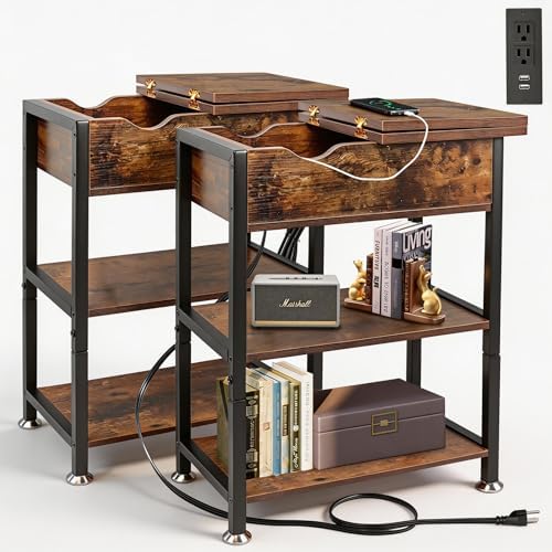 Flip Top End Table with Charging Station Set of 2, 12" D x 21" W x 26" H